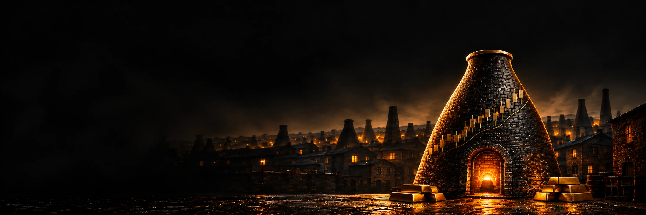 Stoke bottle kiln with golden trading candlesticks and bullion stacks reflected on dark cobbles