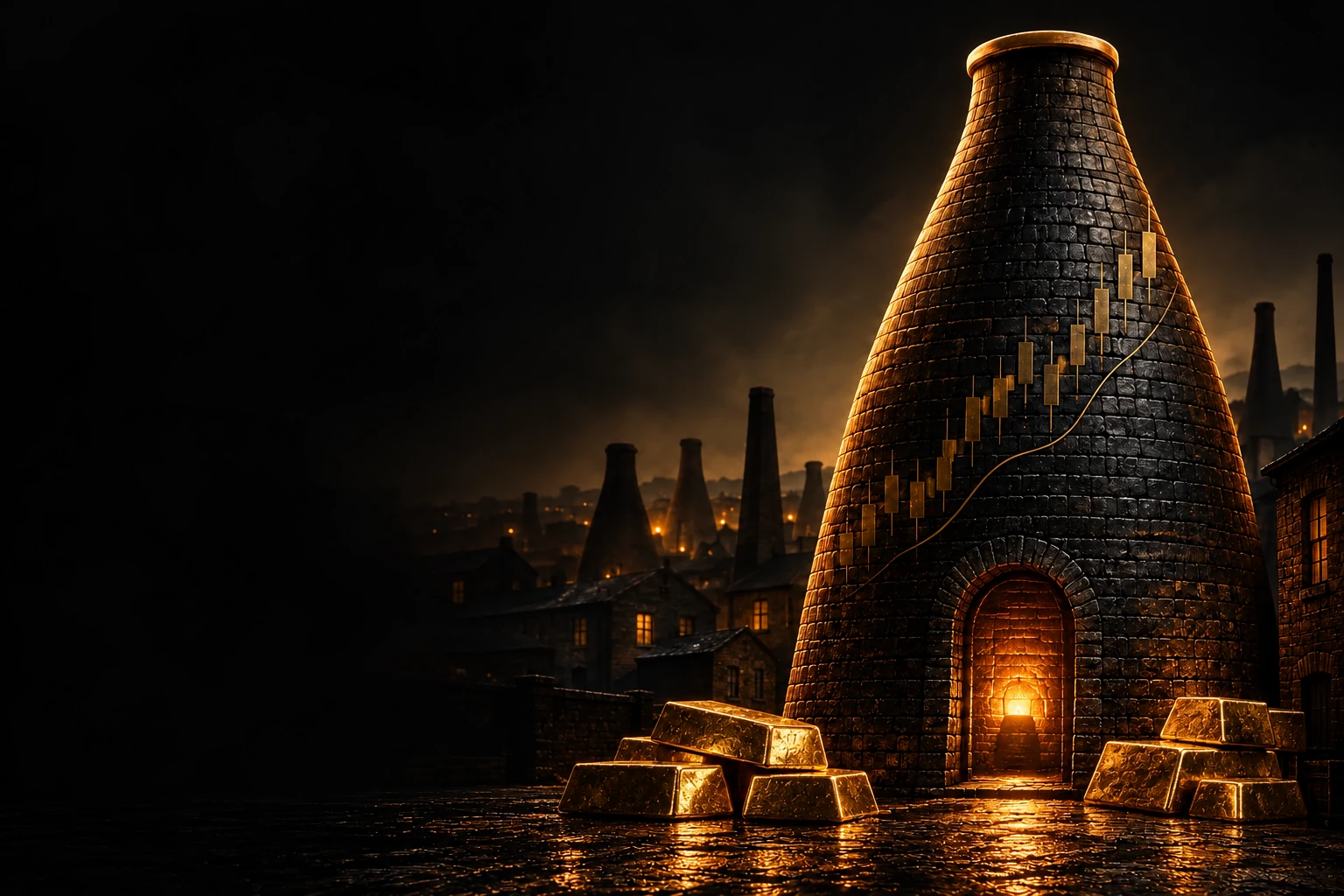 Stoke bottle kiln with golden trading candlesticks, a glowing furnace and gold bullion bars